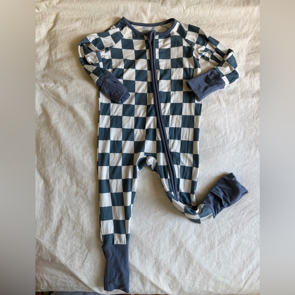 Checkerboard Navy and White Zipper Footed One-Piece for Kids